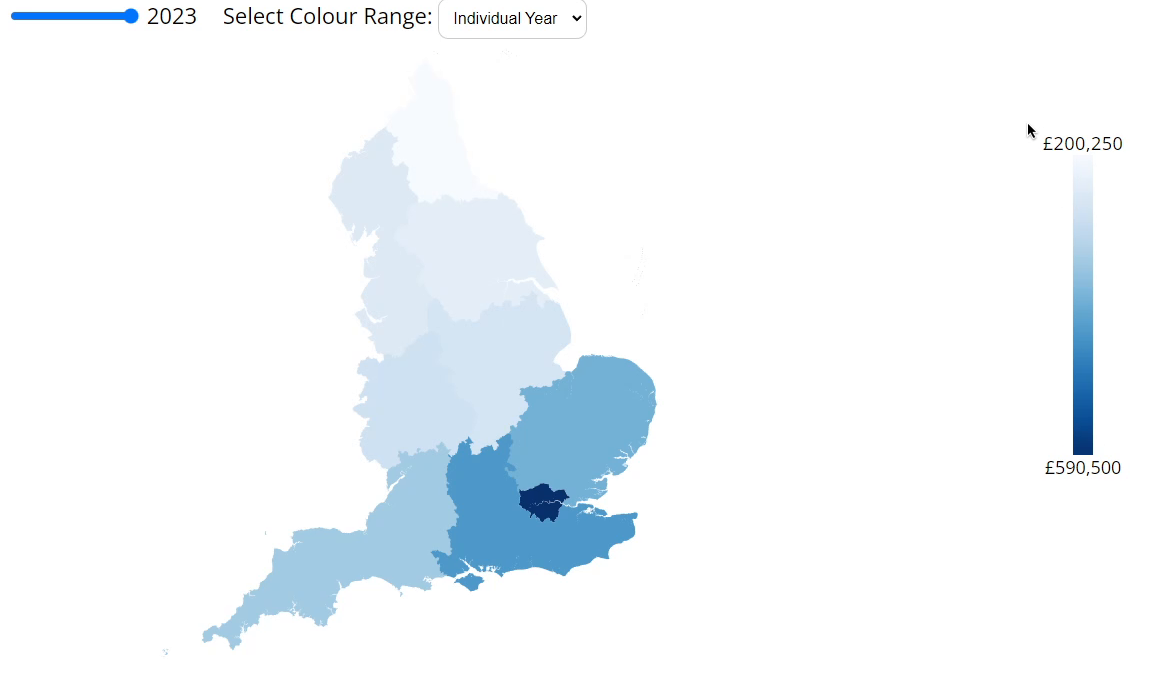 A blue choropleth map of England's nine regions, with a year slider, colour range selector, and house price legend.